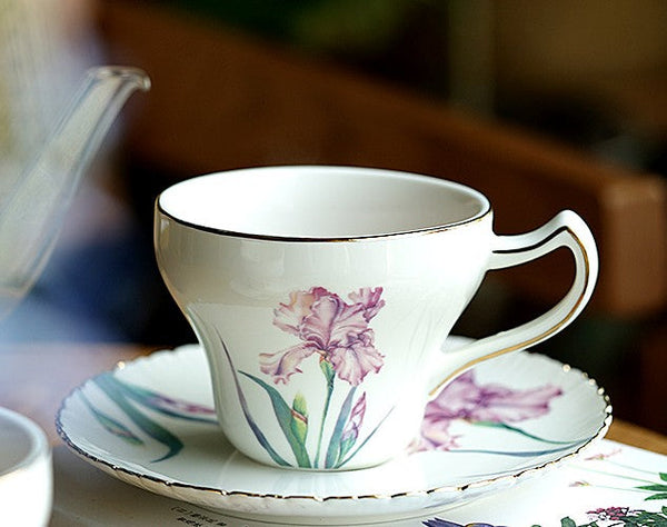 Iris Flower British Tea Cups, Beautiful Bone China Porcelain Tea Cup Set, Traditional English Tea Cups and Saucers, Unique Ceramic Coffee Cups in Gift Box-Silvia Home Craft