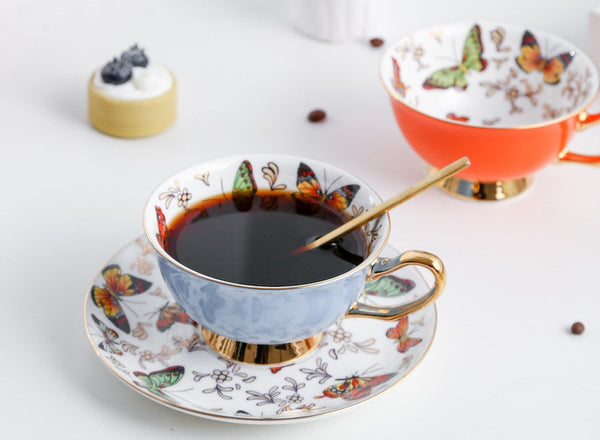 Unique Butterfly Coffee Cups and Saucers, Creative Butterfly Ceramic Coffee Cups, Beautiful British Tea Cups, Creative Bone China Porcelain Tea Cup Set-Silvia Home Craft