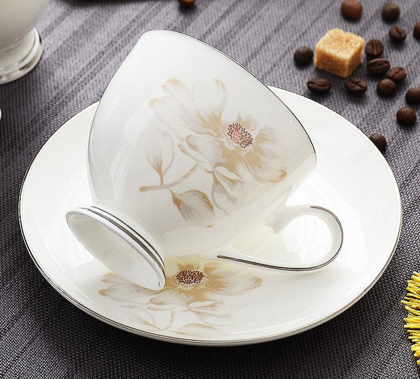Elegant Flower Pattern Ceramic Coffee Cups, Beautiful British Tea Cups, Unique Porcelain Cup and Saucer, Creative Bone China Porcelain Tea Cup Set-Silvia Home Craft