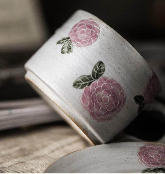 Cappuccino Coffee Mug, Rose Flower Pattern Coffee Cup, Tea Cup, Pottery Coffee Cups, Coffee Cup and Saucer Set-Silvia Home Craft