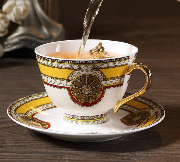 Handmade Beautiful British Tea Cups, Creative Bone China Porcelain Tea Cup Set, Yellow Royal Ceramic Coffee Cups, Unique Tea Cups and Saucers-Silvia Home Craft