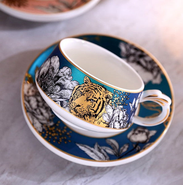 Unique Ceramic Cups with Gold Trim and Gift Box, Creative Ceramic Tea Cups and Saucers, Jungle Tiger Cheetah Porcelain Coffee Cups-Silvia Home Craft