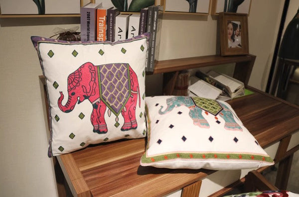 Elephant Embroider Cotton Pillow Covers, Farmhouse Decorative Sofa Pillows, Cotton Decorative Pillows, Decorative Throw Pillows for Couch-Silvia Home Craft