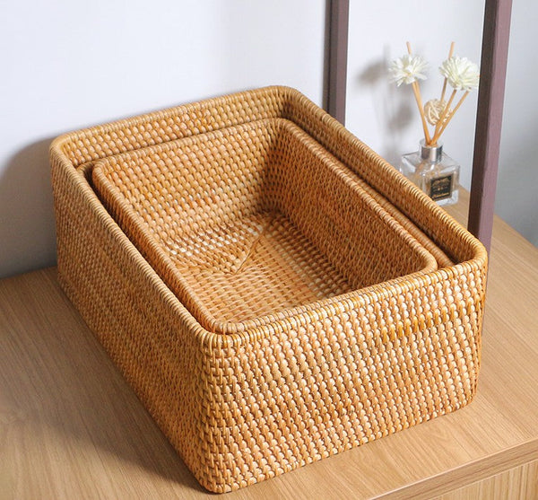 Rectangular Storage Basket for Living Room, Small Kitchen Storage Baskets, Woven Storage Baskets, Rattan Storage Baskets for Shelves-Silvia Home Craft