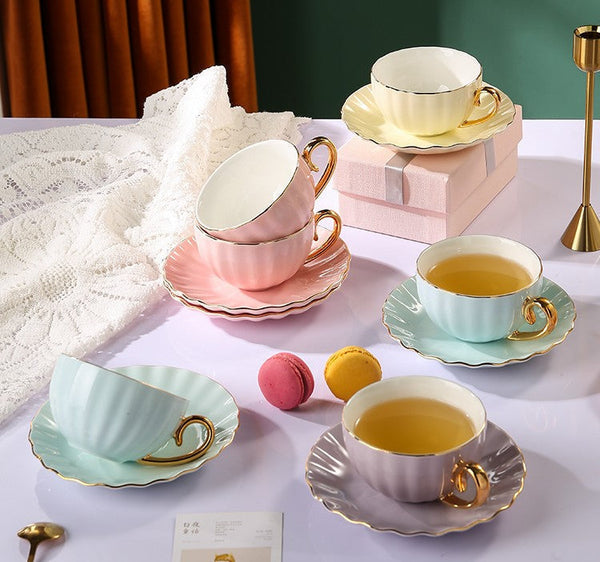 French Style Tea Cups and Saucers in Gift Box as Birthday Gift, Elegant Macaroon Ceramic Coffee Cups, Creative Bone China Porcelain Tea Cup Set, Beautiful British Tea Cups-Silvia Home Craft