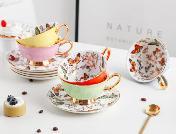 Unique Butterfly Coffee Cups and Saucers, Creative Butterfly Ceramic Coffee Cups, Beautiful British Tea Cups, Creative Bone China Porcelain Tea Cup Set-Silvia Home Craft