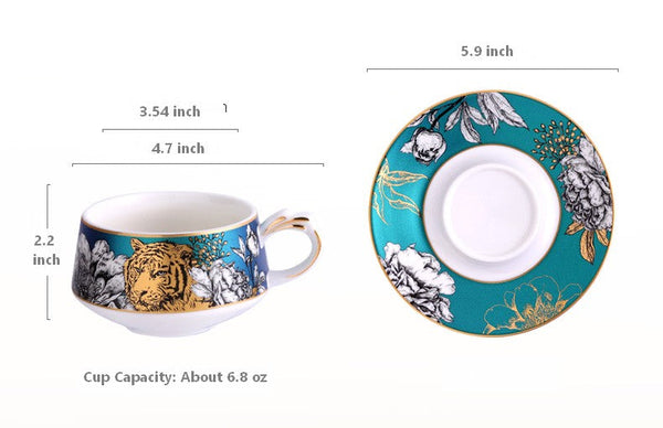 Creative Ceramic Tea Cups and Saucers, Jungle Tiger Cheetah Porcelain Coffee Cups, Unique Ceramic Cups with Gold Trim and Gift Box-Silvia Home Craft