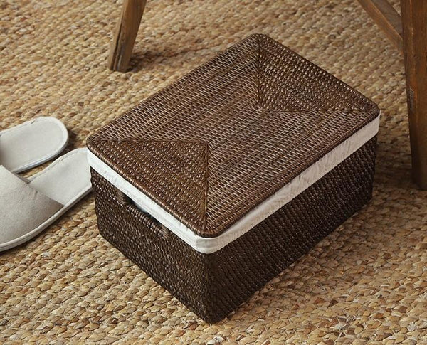 Storage Baskets for Clothes, Large Brown Rattan Storage Baskets, Storage Baskets for Bathroom, Rectangular Storage Baskets, Storage Basket with Lid-Silvia Home Craft
