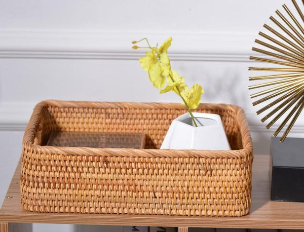 Woven Rectangular Basket with Handle, Rattan Storage Basket for Shelves, Woven Storage Baskets for Bathroom-Silvia Home Craft