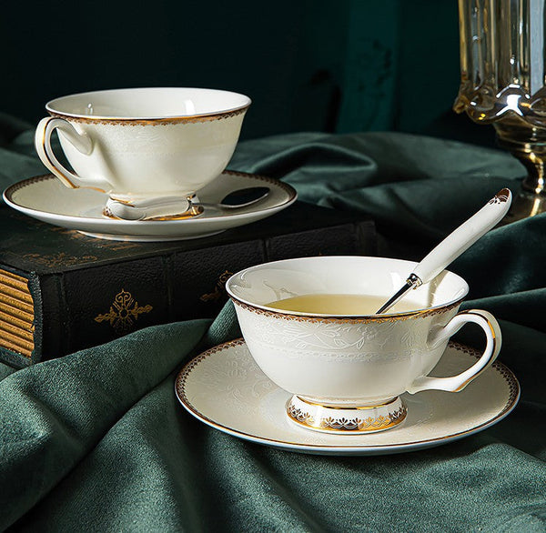 Elegant British Ceramic Coffee Cups, Bone China Porcelain Coffee Cup Set, White Ceramic Cups, Unique Tea Cup and Saucer in Gift Box-Silvia Home Craft