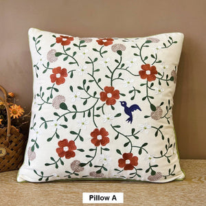 Bird Spring Flower Decorative Throw Pillows, Farmhouse Sofa Decorative Pillows, Embroider Flower Cotton Pillow Covers, Flower Decorative Throw Pillows for Couch-Silvia Home Craft