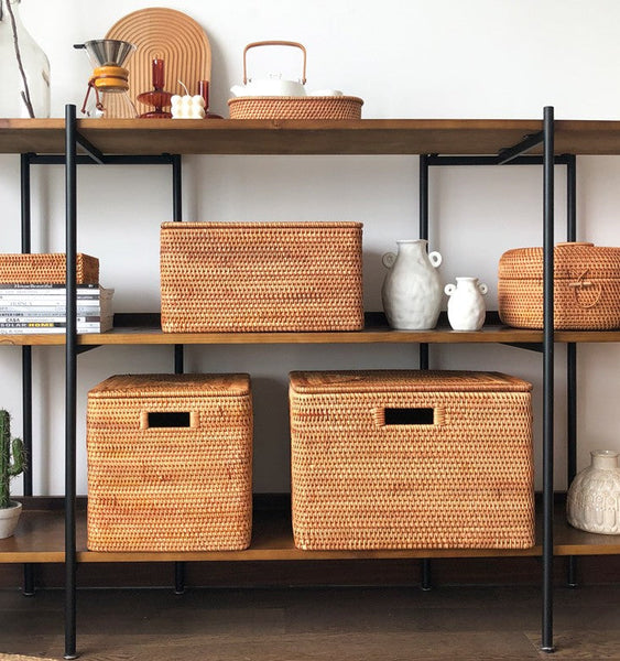 Laundry Storage Baskets for Bathroom, Rectangular Storage Baskets for Clothes, Wicker Storage Baskets for Shelves, Rattan Storage Baskets for Kitchen, Storage Basket with Lid-Silvia Home Craft