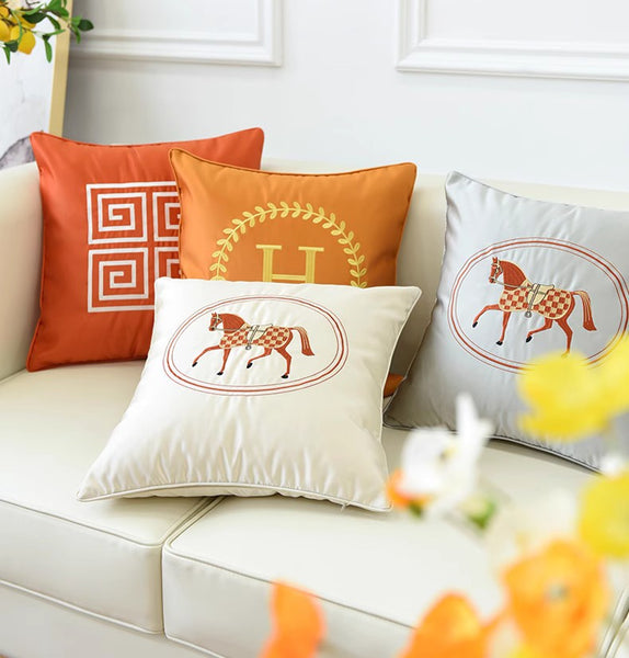 Modern Sofa Decorative Pillows, Embroider Horse Pillow Covers, Modern Decorative Throw Pillows, Horse Decorative Throw Pillows for Couch-Silvia Home Craft