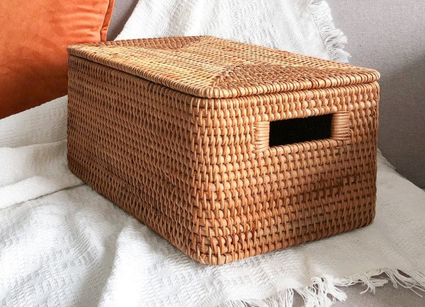 Square Storage Basket with Lid, Extra Large Storage Baskets for Clothes, Rattan Storage Basket for Shelves, Oversized Storage Baskets for Kitchen-Silvia Home Craft