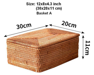 Woven Rattan Baskets, Rectangular Basket with Lid, Rectangular Storage Baskets, Storage Basket for Bedroom, Kitchen Storage Baskets-Silvia Home Craft