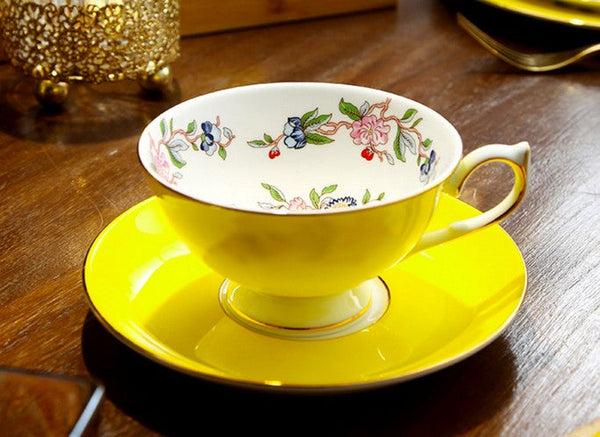 Elegant Yellow Ceramic Cups, Unique Royal Coffee Cup and Saucer, Beautiful British Tea Cups, Creative Bone China Porcelain Tea Cup Set-Silvia Home Craft