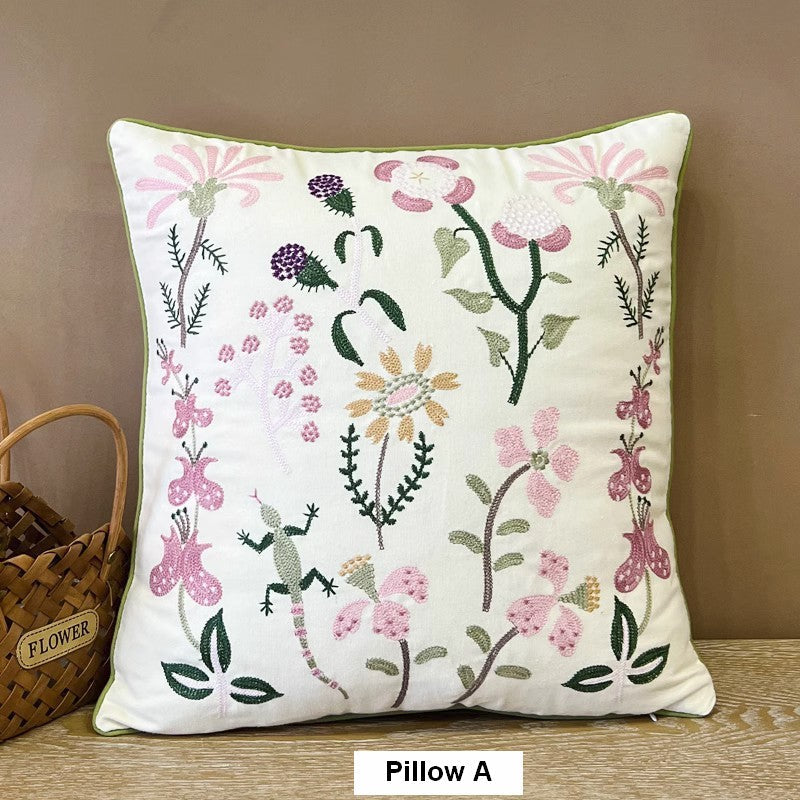 Embroider Flower Cotton Pillow Covers, Spring Flower Decorative Throw Pillows, Farmhouse Sofa Decorative Pillows, Flower Decorative Throw Pillows for Couch-Silvia Home Craft