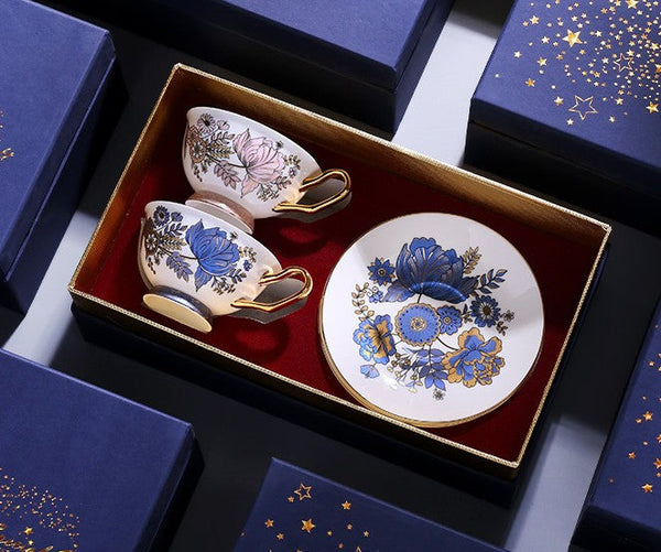 Unique Iris Flower Tea Cups and Saucers in Gift Box, Elegant Ceramic Coffee Cups, Afternoon British Tea Cups, Royal Bone China Porcelain Tea Cup Set-Silvia Home Craft