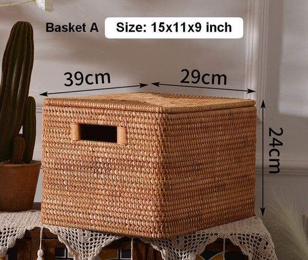 Wicker Storage Baskets for Bathroom, Rattan Rectangular Storage Basket with Lid, Extra Large Storage Baskets for Clothes, Storage Baskets for Bedroom-Silvia Home Craft