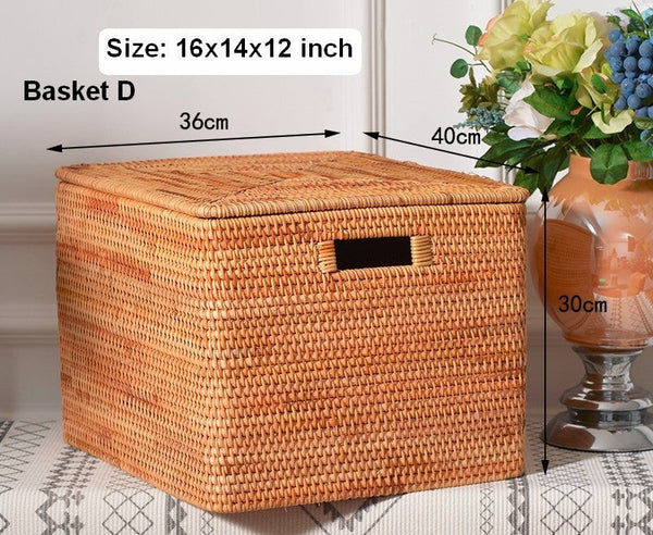 Rattan Rectangular Storage Basket with Lid, Extra Large Storage Baskets for Clothes, Storage Baskets for Bedroom, Woven Storage Baskets for Living Room-Silvia Home Craft