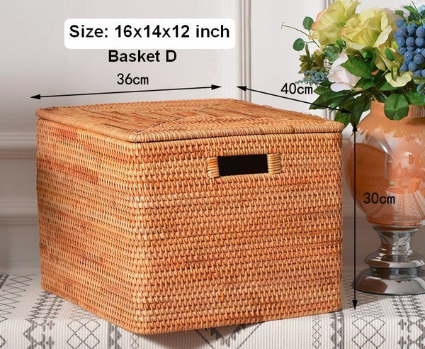 Rectangular Storage Basket with Lid, Rattan Basket, Storage Basket for Shelves, Storage Baskets for Bathroom, Bedroom Storage Baskets-Silvia Home Craft