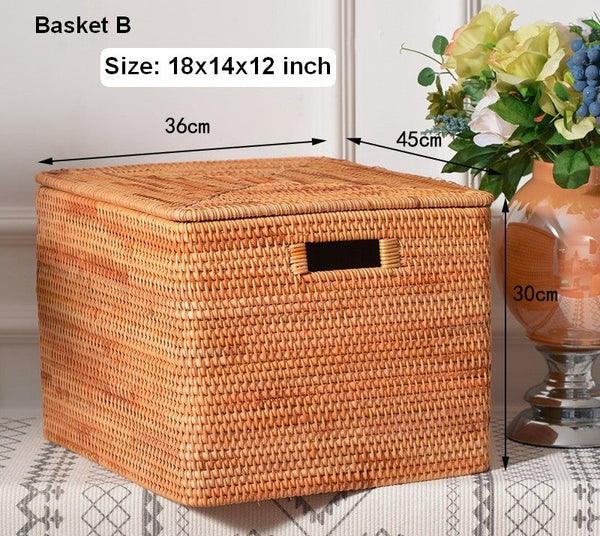 Oversized Storage Baskets for Bedroom, Rectangular Woven Storage Baskets for Clothes, Large Rectangular Storage Basket with Lid, Rattan Storage Case-Silvia Home Craft