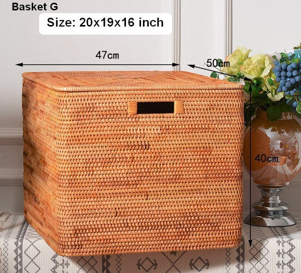 Wicker Rattan Storage Basket for Shelves, Storage Baskets for Bedroom, Rectangular Storage Basket with Lid, Pantry Storage Baskets-Silvia Home Craft