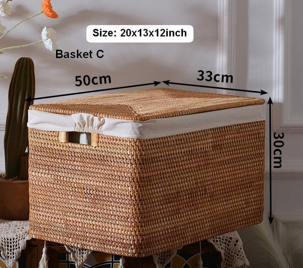 Large Rectangular Storage Basket with Lid, Rattan Storage Case, Storage Baskets for Bedroom, Rectangular Woven Storage Baskets for Clothes-Silvia Home Craft