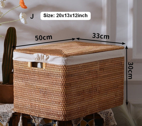 Rectangular Storage Basket with Lid, Rattan Storage Baskets for Clothes, Kitchen Storage Baskets, Oversized Storage Baskets for Living Room-Silvia Home Craft