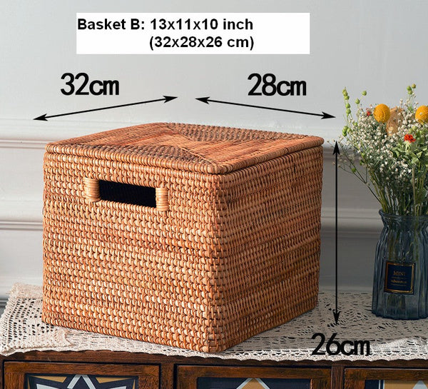 Rectangular Storage Basket with Lid, Rattan Storage Basket for Shelves, Extra Large Storage Baskets for Bedroom, Storage Baskets for Clothes-Silvia Home Craft