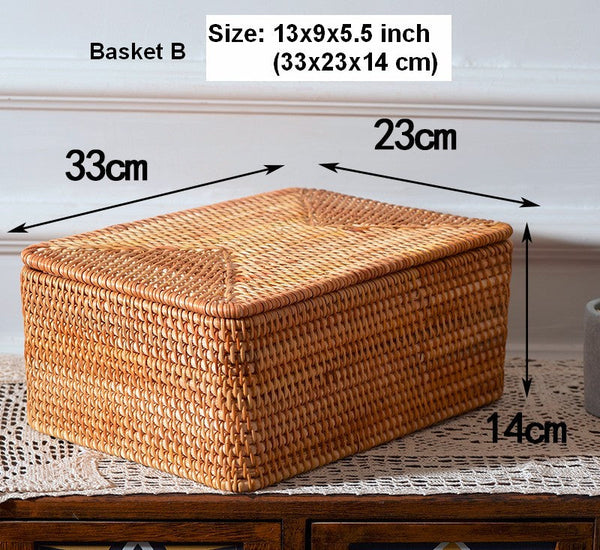 Woven Rattan Baskets, Rectangular Basket with Lid, Rectangular Storage Baskets, Storage Basket for Bedroom, Kitchen Storage Baskets-Silvia Home Craft