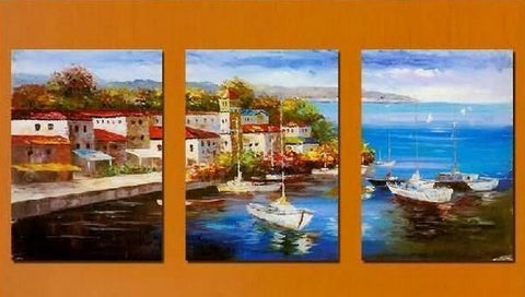 Mediterranean Sea, Boat Painting, Canvas Painting, Wall Art, Landscape Painting, Modern Art, 3 Piece Wall Art, Abstract Painting, Wall Hanging-Silvia Home Craft