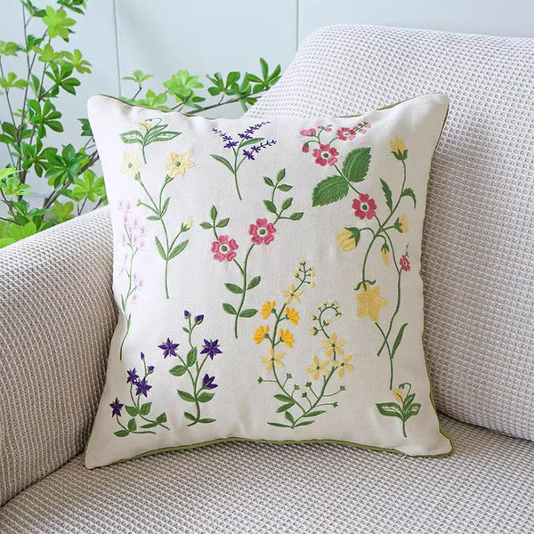 Farmhouse Sofa Decorative Pillows, Embroider Flower Cotton Pillow Covers, Spring Flower Decorative Throw Pillows, Flower Decorative Throw Pillows for Couch-Silvia Home Craft