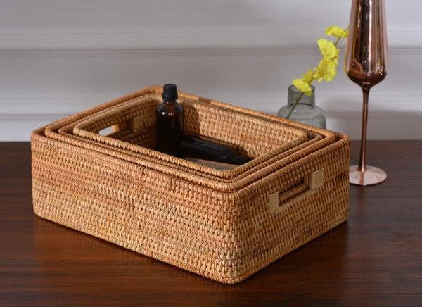 Woven Rectangular Basket with Handle, Rattan Storage Basket for Shelves, Woven Storage Baskets for Bathroom-Silvia Home Craft