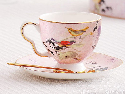 Elegant Pink Ceramic Coffee Cups, Unique Bird Flower Tea Cups and Saucers in Gift Box as Birthday Gift, Beautiful British Tea Cups, Royal Bone China Porcelain Tea Cup Set-Silvia Home Craft