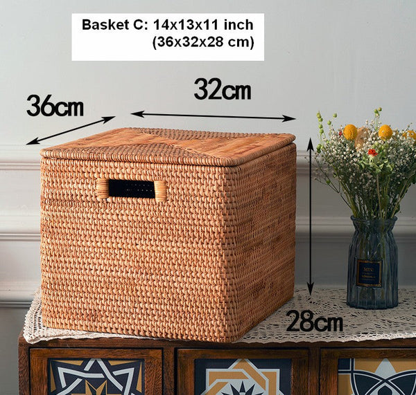 Rectangular Storage Basket with Lid, Rattan Storage Basket for Shelves, Extra Large Storage Baskets for Bedroom, Storage Baskets for Clothes-Silvia Home Craft
