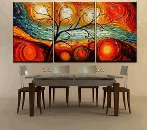 Acrylic Canvas Painting, 3 Piece Canvas Painting, Modern Paintings for Dining Room, Tree of Life Painting, Colorful Tree Painting-Silvia Home Craft