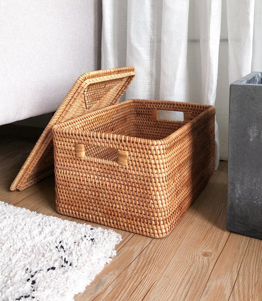 Rattan Rectangular Storage Basket with Lid, Extra Large Storage Baskets for Clothes, Storage Baskets for Bedroom, Woven Storage Baskets for Living Room-Silvia Home Craft