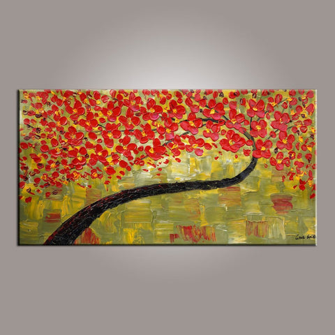 Painting on Sale, Canvas Art, Red Flower Tree Painting, Abstract Art Painting, Dining Room Wall Art, Art on Canvas, Modern Art, Contemporary Art-Silvia Home Craft