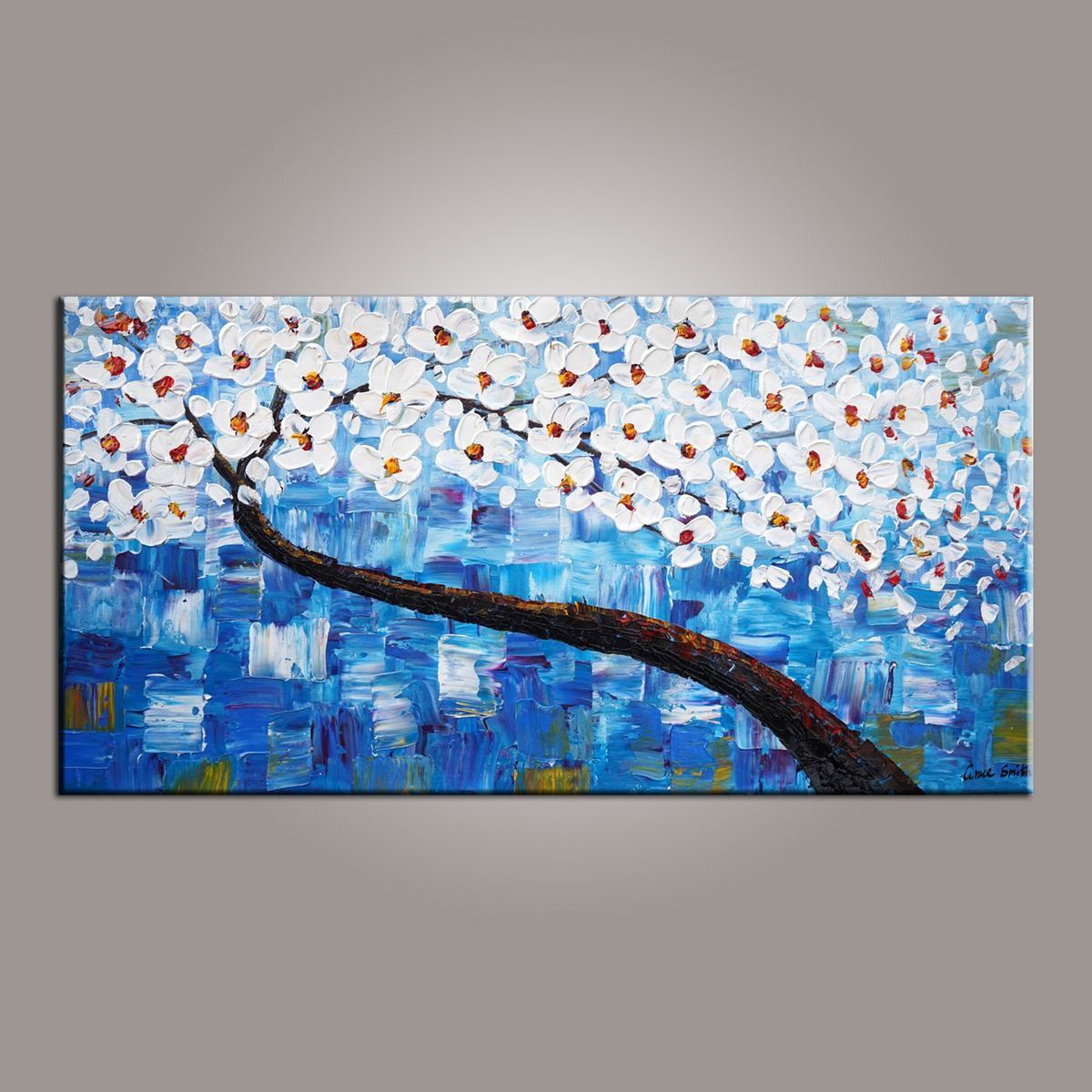 Canvas Art, Blue Flower Tree Painting, Abstract Painting, Painting on Sale, Dining Room Wall Art, Art on Canvas, Modern Art, Contemporary Art-Silvia Home Craft