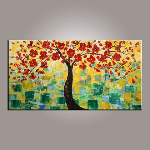 Red Flower Tree Painting, Canvas Art, Abstract Painting, Painting on Sale, Dining Room Wall Art, Art on Sale, Modern Art, Contemporary Art-Silvia Home Craft