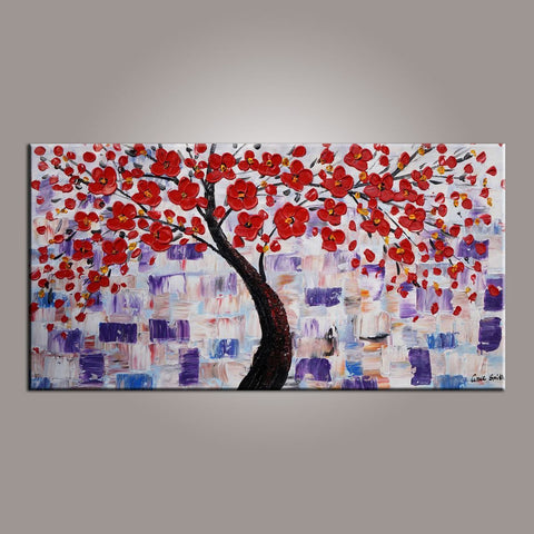 Canvas Art, Red Flower Tree Painting, Abstract Painting, Painting on Sale, Dining Room Wall Art, Art on Sale, Modern Art, Contemporary Art-Silvia Home Craft