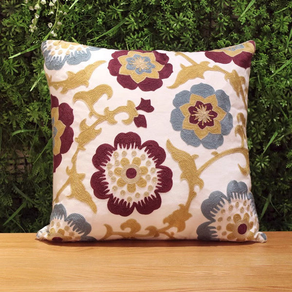Embroider Flower Cotton Pillow Covers, Cotton Flower Decorative Pillows, Decorative Sofa Pillows, Farmhouse Decorative Throw Pillows for Couch-Silvia Home Craft