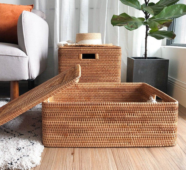 Wicker Storage Baskets for Bathroom, Rattan Rectangular Storage Basket with Lid, Extra Large Storage Baskets for Clothes, Storage Baskets for Bedroom-Silvia Home Craft