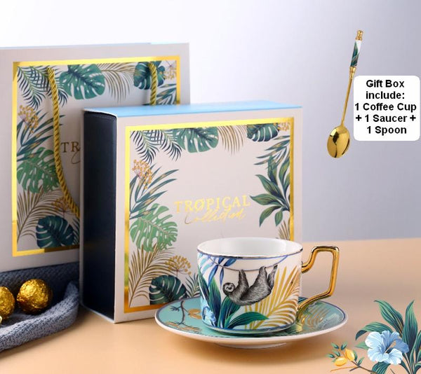 Elegant Tea Cups and Saucers, Jungle Toucan Pattern Porcelain Coffee Cups, Coffee Cups with Gold Trim and Gift Box-Silvia Home Craft