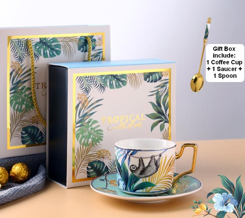 Elegant Porcelain Coffee Cups, Coffee Cups with Gold Trim and Gift Box, Tea Cups and Saucers, Jungle Animal Porcelain Coffee Cups-Silvia Home Craft