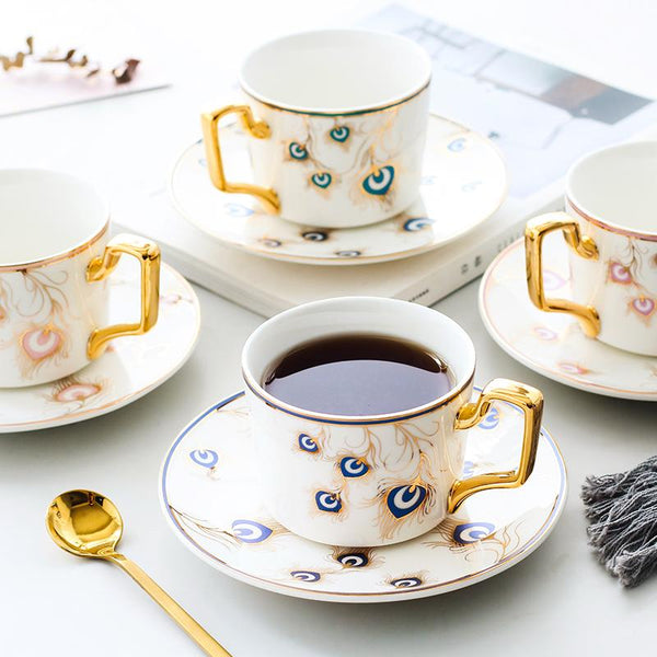 Peacock Tail Pattern Porcelain Coffee Cups, British Tea Cups, Coffee Cups with Gold Trim and Gift Box, Tea Cups and Saucers-Silvia Home Craft
