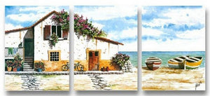 Cottage At Seashore, Landscape Painting, Landscape Art, 3 Panel Painting, Art Painting-Silvia Home Craft