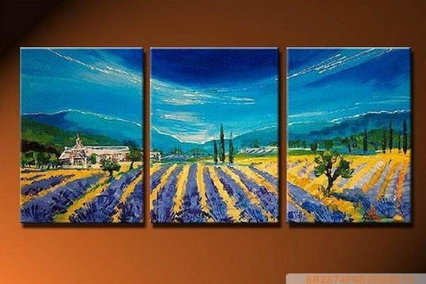 Lavender Field, Landscape Painting, Living Room Wall Art, 3 Panel Painting, Art Painting, Wall Hanging-Silvia Home Craft