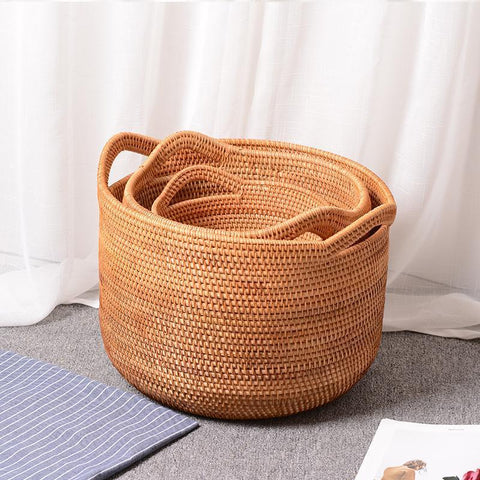 Large Woven Storage Basket with Handle, Large Rattan Basket, Large Round Storage Basket for Bathroom-Silvia Home Craft